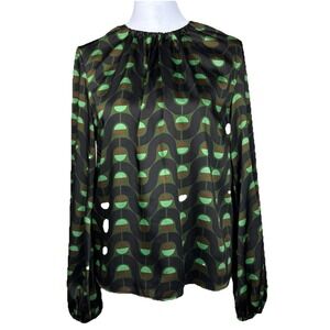 Zara Blouse‎ Womens XS Geometric Satin Bishop Long Sleeve Contemporary Classic